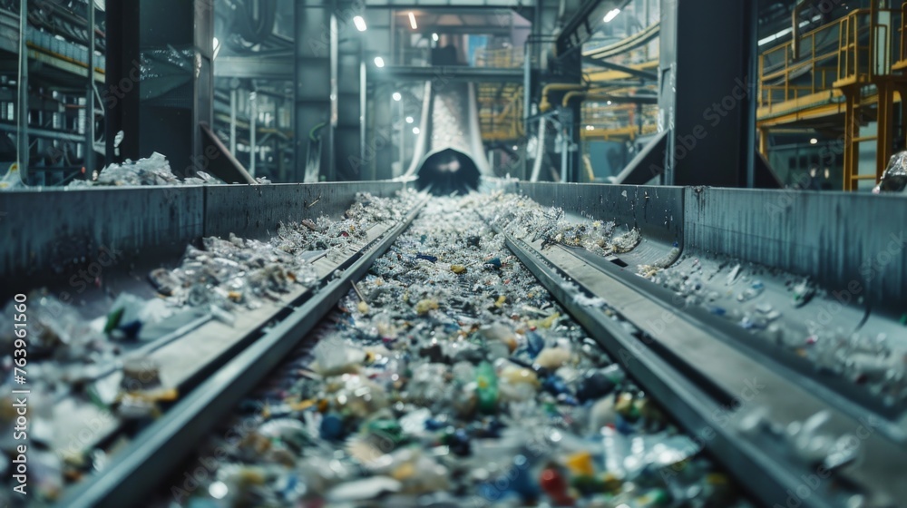 Waste plastic shredded into small pieces on a production line Waste plastic shredded into small pieces on a production line