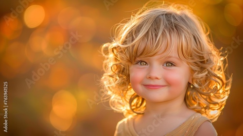 Captivating image of a curly haired child smiling with delight while looking into the distance