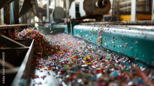 Waste plastic shredded into small pieces on a production line photo