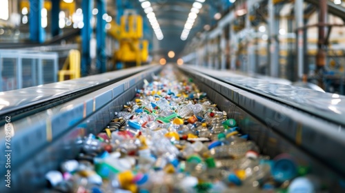 Crushed plastic waste transported on a production line conveyor belt photo