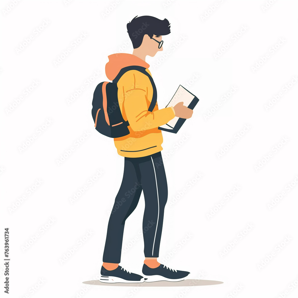 illustration of student reading book, scholar boy teenager studying educational materials, isolated flat vector modern illustration of child, full of curiosity and motivation