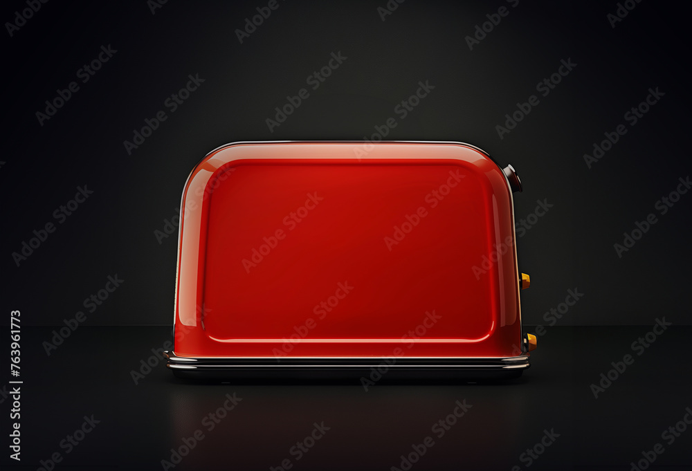 Red toaster on a dark background. Kitchen equipment. - obrazy, fototapety, plakaty 
