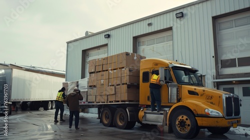 Workers loading boxes into a large truck near a warehouse