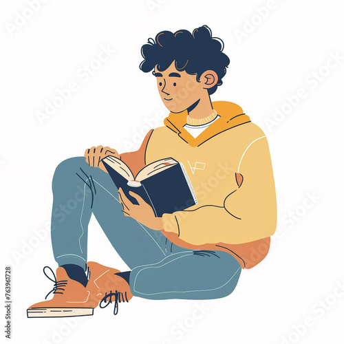 illustration of student reading book, scholar boy teenager studying educational materials, isolated flat vector modern illustration of child, full of curiosity and motivation