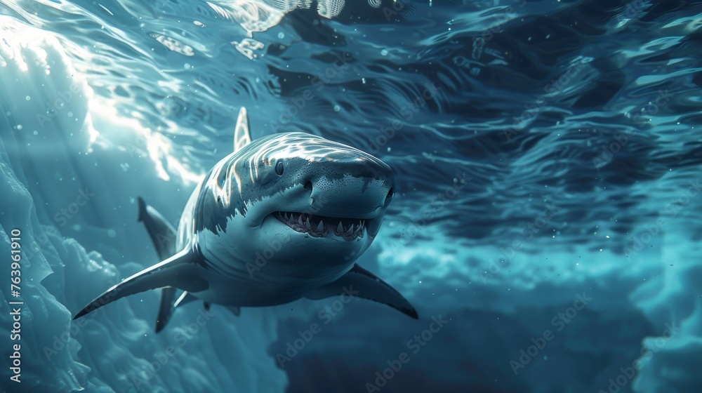 Fototapeta premium A bull shark swims silently beneath the ice wall observed by a tour guide explaining its extractive impact on the marine ecosystem