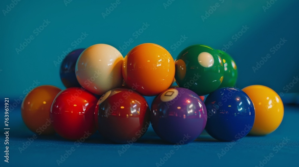 Set of billiard balls arranged in a triangle on a billiard table Set of billiard balls arranged in a triangle on a billiard table