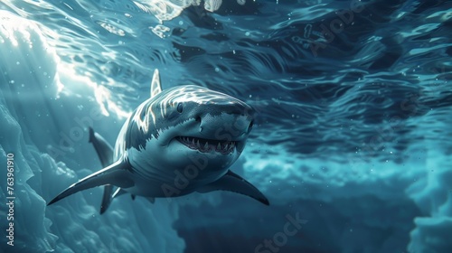 A bull shark swims silently beneath the ice wall observed by a tour guide explaining its extractive impact on the marine ecosystem