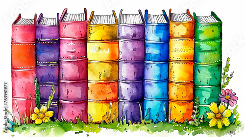row of books watercolor illustration on a white background 