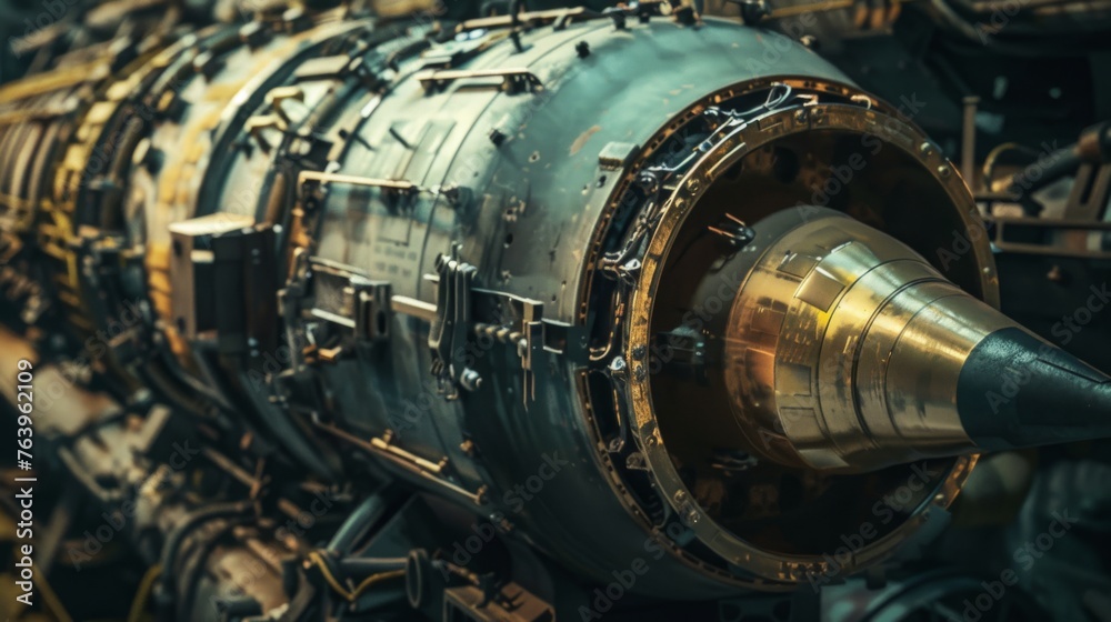 Close-up of a nuclear warhead, showing the complex design and technology Close-up of a nuclear warhead, showing the complex design and technology