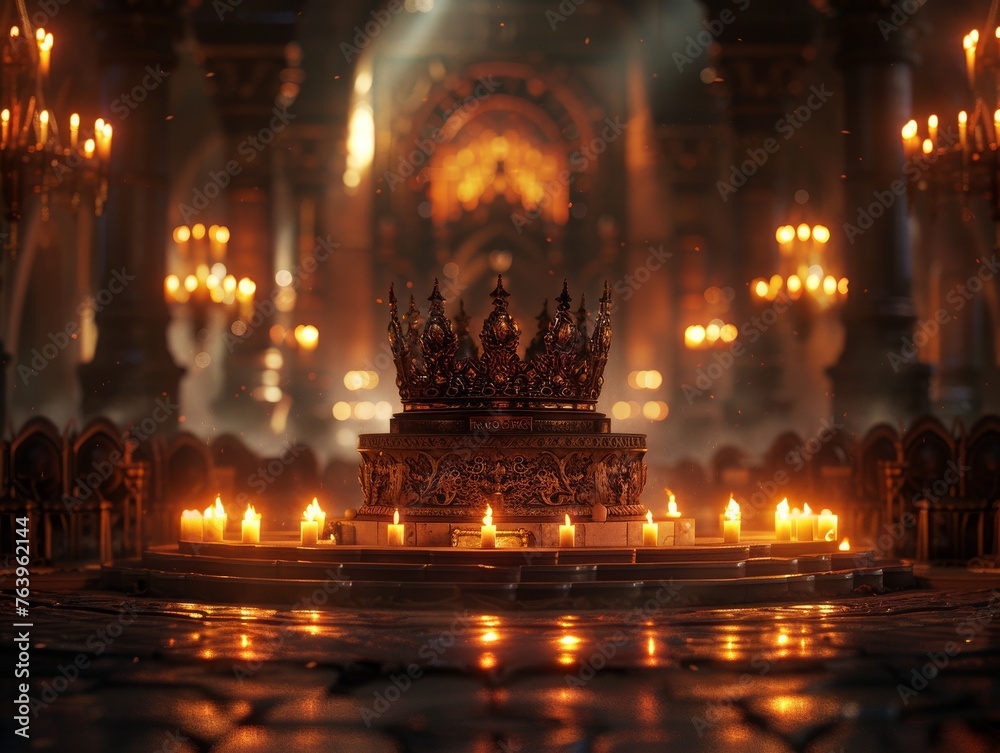 A regal aura emanates from the crown atop the ancient throne in the candlelit room. A regal aura emanates from the crown atop the ancient throne in the candlelit room.