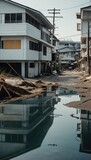 Submerged buildings and streets after a tsunami