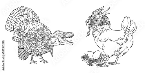 A fantasy creature: half dragon - half chicken and turkey. Coloring book with animals mutants.