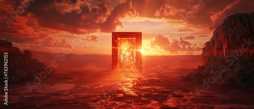 Demonic portal opening in a desolate wasteland sunset wide shot hellish red tones photo