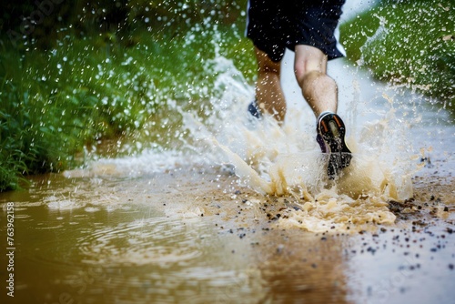 jogger splashing through a flooded path in sports attire