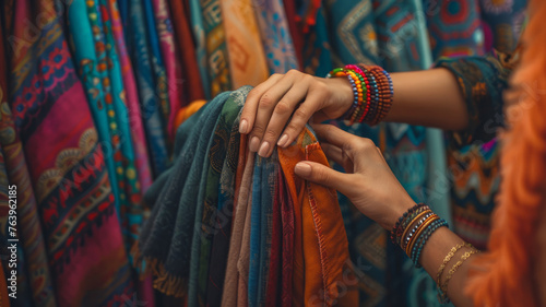 Person selecting textiles at a market