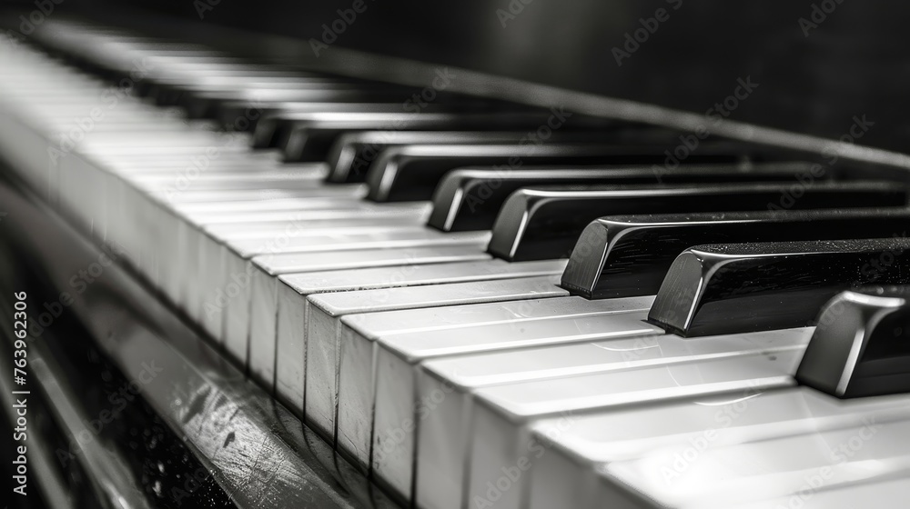 Monochrome close up image of a black and white piano keyboard for detailed viewing Monochrome close up image of a black and white piano keyboard for detailed viewing