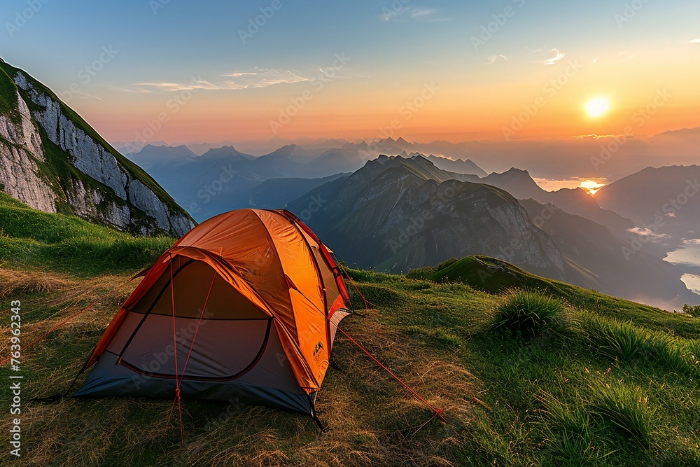 Camping tent on the top of a mountain in the morning light
