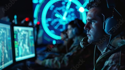 Radar operators monitoring airspace using a sophisticated air defense radar system photo