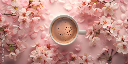 Delicate pink cup with blossom holds coffee muted tones  A coffee cup surrounded by blooming cherry blossoms.