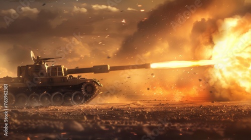 Modern artillery gun in action, firing projectiles with precision. The image captures the power and destructive capability of artillery systems photo