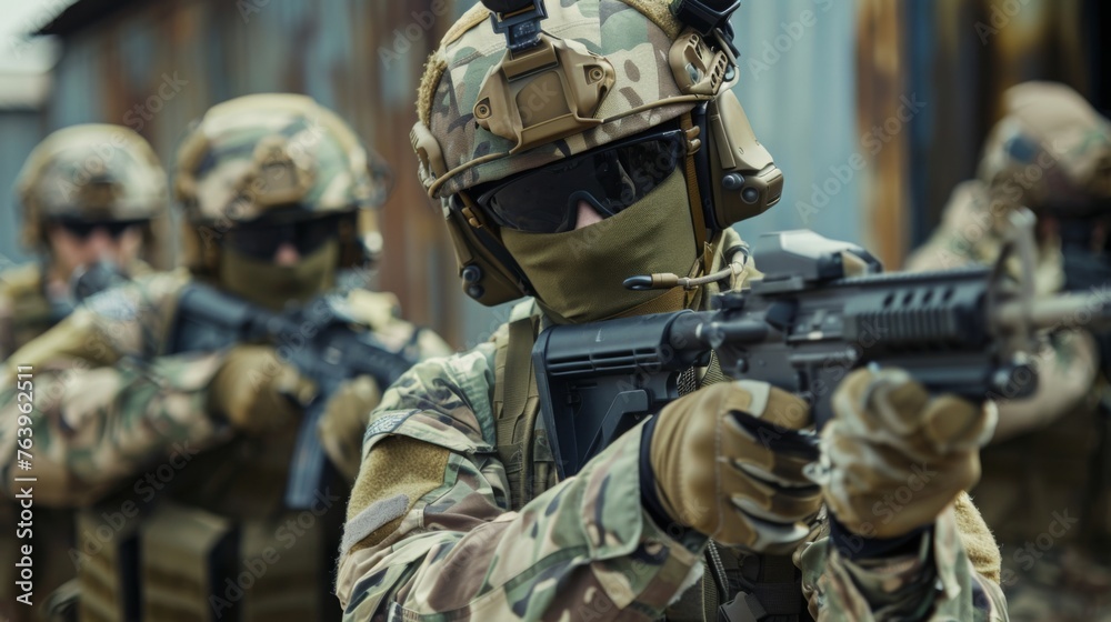 Special forces operatives in full gear, preparing for a covert mission Special forces operatives in full gear, preparing for a covert mission