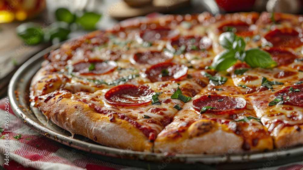 Photo of a pepperoni pizza with basil.