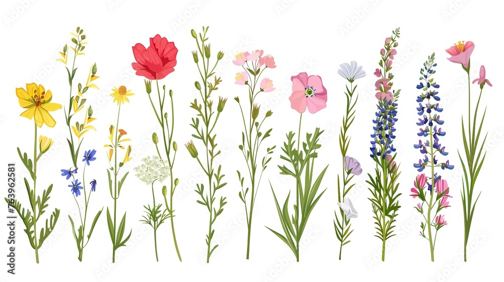 Set of beautiful blooming wildflowers ,Generative ai, 