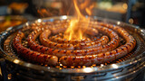 A spiral sausage being cooked on a grill.