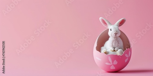hatched painted egg with easter bunny from it, minimalistic, white pink background © kimly