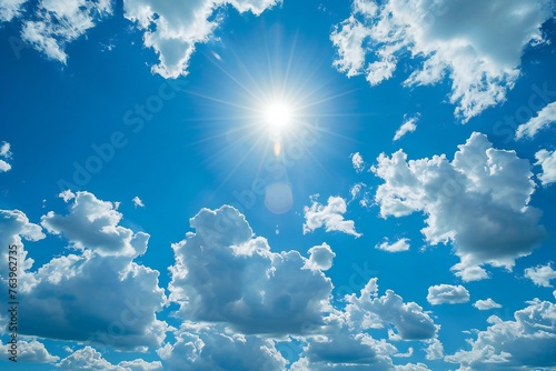 Blue sky background with tiny clouds and sun, Beautiful natural background