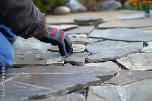 person with gloves fitting flagstones in a garden patio