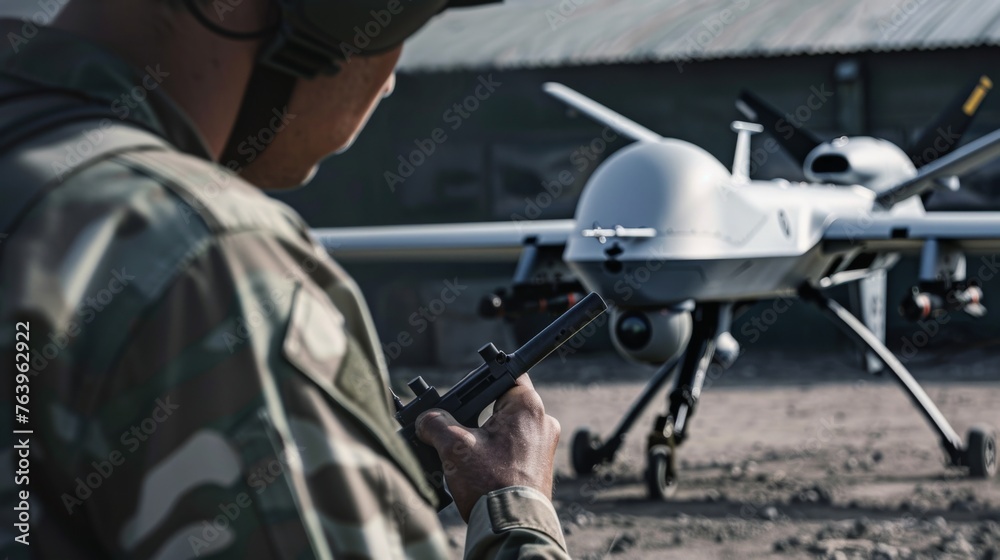 An operator adjusts an attack drone before flying An operator adjusts an attack drone before flying