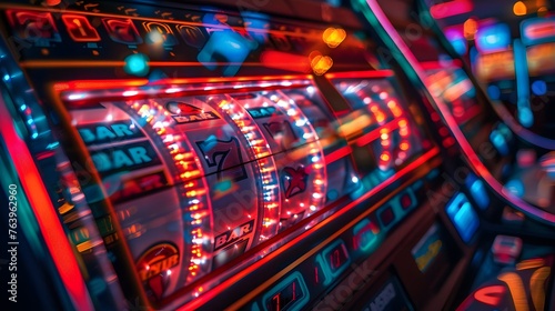 Close-Up Of Slot Machine With Colorful Lights and Symbols