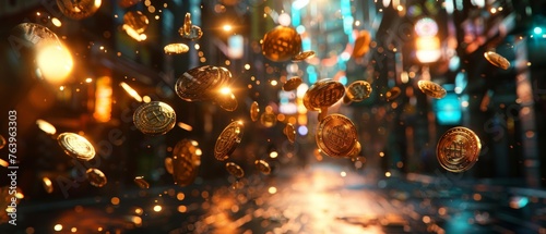 Neon lighting illuminates floating coins in a cyberpunk atmosphere, capturing crisp details from a low angle.
