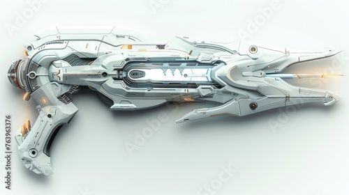 Isolated on a pure white backdrop, the futuristic lance showcases weapon-grade technology, with sharp lines and subtle shadows.