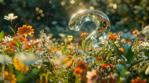 A glass question mark amidst flowers.