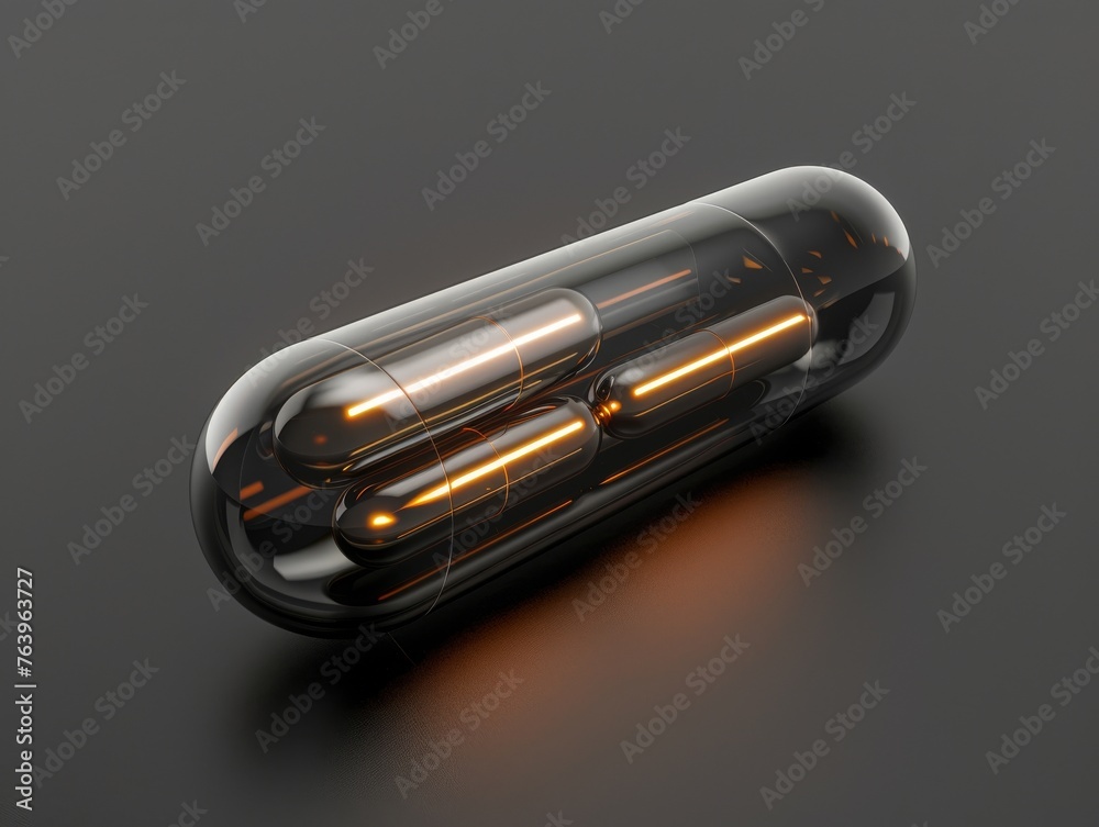 Isolated on a black background, a sleek mana capsule exudes the essence of arcane magic, softly illuminated from behind, showcasing its clear details. Isolated on a black background, a sleek mana capsule exudes the essence of arcane magic, softly illuminated from behind, showcasing its clear details.