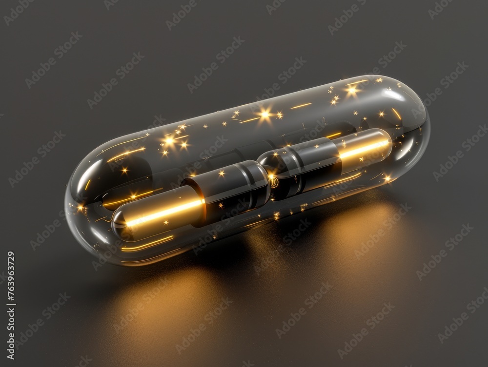 A sleek mana capsule, embodying arcane magic, rests isolated against a black backdrop, softly backlit to reveal clear details. A sleek mana capsule, embodying arcane magic, rests isolated against a black backdrop, softly backlit to reveal clear details.