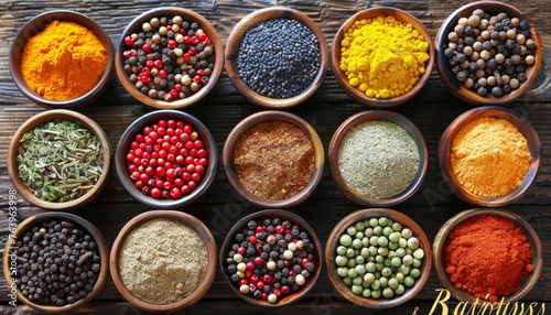 Colorful spice palette artistic arrangement of assorted spices in containers for visual appeal