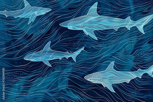 Stylized sharks in various poses with blue wave patterns photo