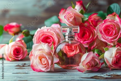 perfume bottle surrounded by fresh cut roses on table © Alfazet Chronicles