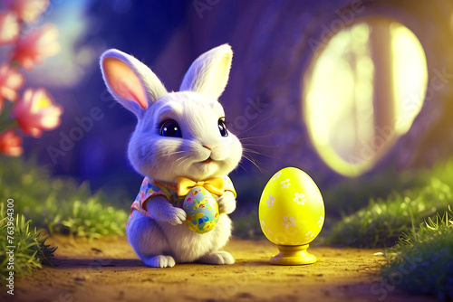 Cute Easter rabbit with decorated eggs Genaret AI photo