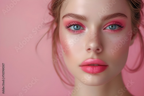 Professional Makeup Look in Pink Tones with Copy Space. Concept Makeup Tutorial, Pink Tones, Copy Space, Glamorous Look