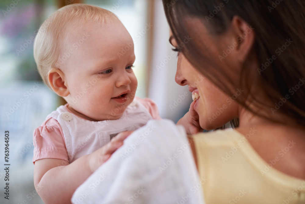 Happy, love and mother with baby in home for bonding, relationship and care for motherhood. Family, parenting and mom carrying newborn infant for child development, support and affection in house Happy, love and mother with baby in home for bonding, relationship and care for motherhood. Family, parenting and mom carrying newborn infant for child development, support and affection in house