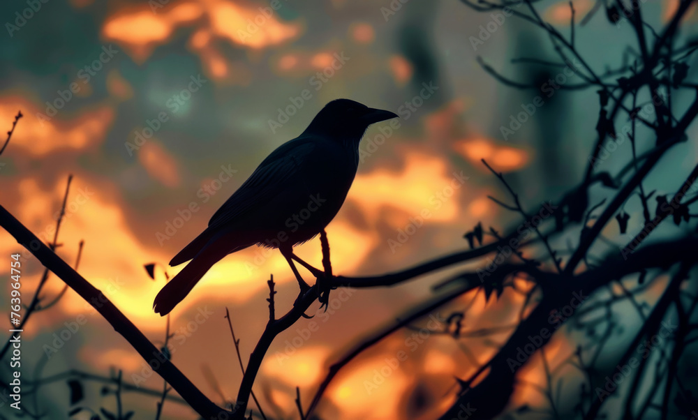 Fototapeta premium Pájaro posado sobre una rama a contraluz al atardecer en la naturaleza.