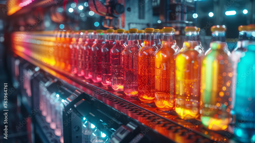 Bottling conveyor with colorful bottles.