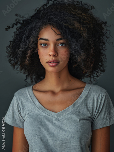 An evocative portrait of a woman with curly hair and striking blue eyes  exuding confidence and depth  wearing a casual gray tee