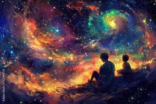 background. Children are sitting against the background of the northern lights. Conceptual. Dreams.