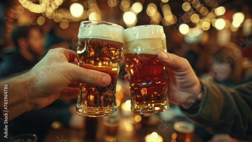 Two hands holding beer glasses.