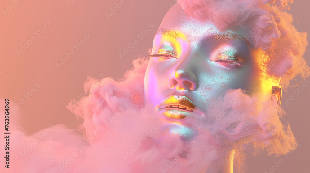 Portrait of an elegant African goddess made out of pink and orange clouds, made entirely from bright pastel metallics with soft light reflections, in the style of cinematic photography. - obrazy, fototapety, plakaty 